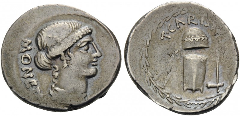 T. Carisius, 46 BC. Denarius (Silver, 20 mm, 3.88 g, 4 h), Rome. MONETA Head of ...