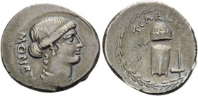 T. Carisius, 46 BC. Denarius (Silver, 20 mm, 3.88 g, 4 h), Rome. MONETA Head of Juno Moneta to right. Rev. T.CARISIVS Coining implements: anvil, tongs...