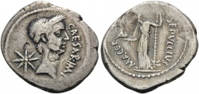 Julius Caesar, second half of February, 44 BC. Denarius (Silver, 19 mm, 3.72 g, 6 h), Rome, under P. Sepullius Macer. CAESAR IMP Laureate head of Caes...