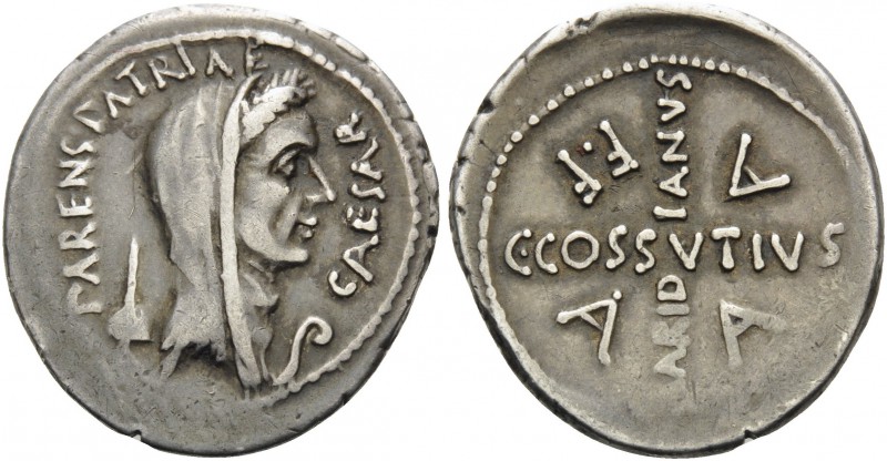 Julius Caesar, April 44 BC. Denarius (Silver, 20 mm, 3.83 g, 12 h), C. Cossutius...