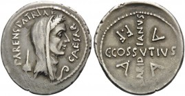 Julius Caesar, April 44 BC. Denarius (Silver, 20 mm, 3.83 g, 12 h), C. Cossutius Maridianus AAAFF, Rome. CAESAR / PARENS PATRIAE Wreathed and veiled h...
