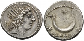 P. Clodius M.f. Turrinus, 42 BC. Denarius (Silver, 17 mm, 4.12 g, 3 h), Rome. Radiate head of Sol to right; behind, quiver. Rev. P.CLODIVS / M.F. Cres...