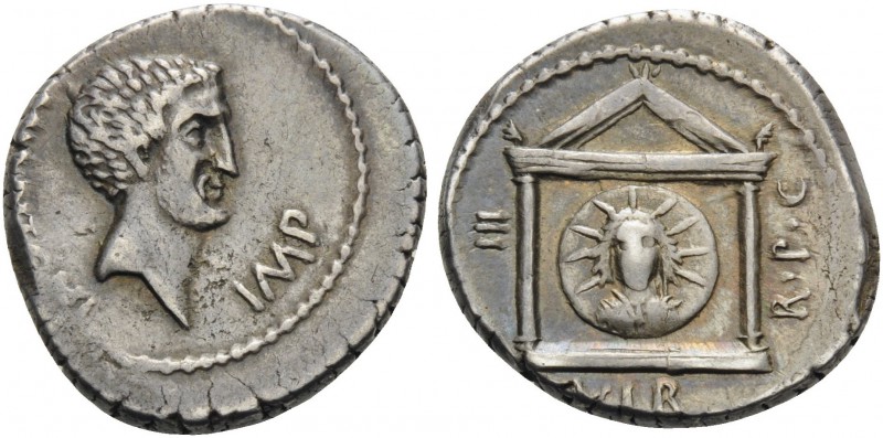 Mark Antony, 42 BC. Denarius (Silver, 16 mm, 4.07 g, 2 h), military mint traveli...
