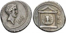 Mark Antony, 42 BC. Denarius (Silver, 16 mm, 4.07 g, 2 h), military mint traveling in Greece. M ANTONI IMP Bare head of Mark Antony to right, with a h...