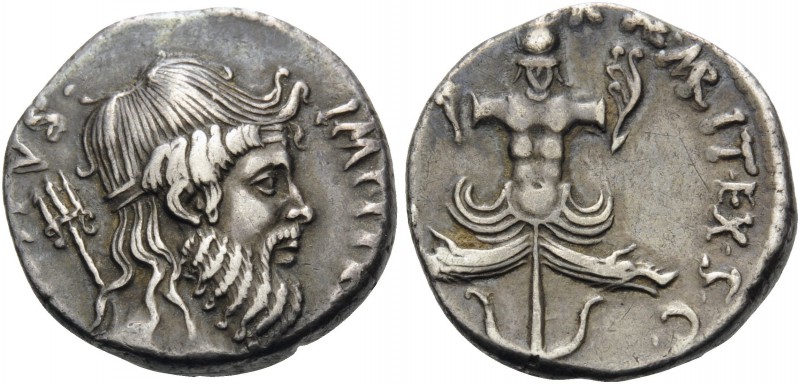 Sextus Pompey, 42-40 BC. Denarius (Silver, 17 mm, 3.89 g, 1 h), military mint in...