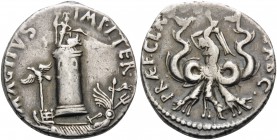 Sextus Pompey, 42-40 BC. Denarius (Silver, 18 mm, 3.84 g, 1 h), military mint in Sicily. MAG.PIVS.IMP.ITER Pharos of Messana, surmounted by a stature ...