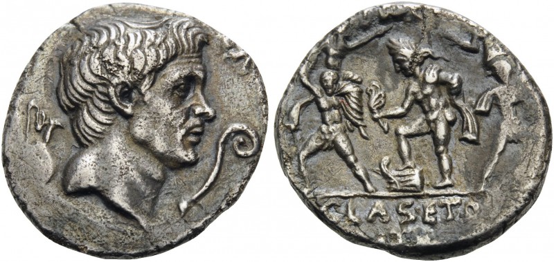 Sextus Pompey, 42-40 BC. Denarius (Silver, 17 mm, 3.68 g, 1 h), military mint in...