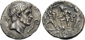 Sextus Pompey, 42-40 BC. Denarius (Silver, 17 mm, 3.68 g, 1 h), military mint in Sicily. [MAG.PIVS.IMP.ITER] Bare head of Cn. Pompeius Magnus to right...