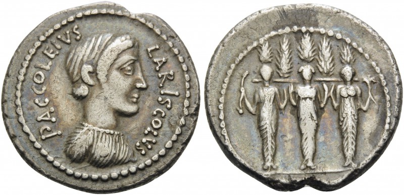 P. Accoleius Lariscolus, 41 BC. Denarius (Silver, 18 mm, 3.94 g, 6 h), Rome. P A...