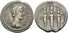 P. Accoleius Lariscolus, 41 BC. Denarius (Silver, 18 mm, 3.94 g, 6 h), Rome. P ACCOLEIVS - LARISCOLVS Bust of Diana Nemorensis to right. Rev. Triple c...