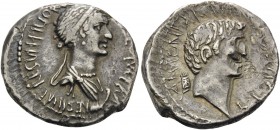 Mark Antony and Cleopatra. Denarius (Silver, 18 mm, 3.70 g, 1 h), mint moving with Antony, 32 BC. [CL]EOPATRAE REGINAE REGVM FILIOR[VM REGVM] Diademed...