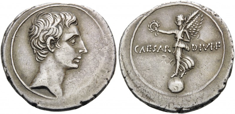 Octavian. Denarius (Silver, 21 mm, 3.85 g, 2 h), Rome?, 32-39 BC. Bare head of O...