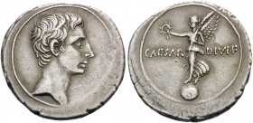 Octavian. Denarius (Silver, 21 mm, 3.85 g, 2 h), Rome?, 32-39 BC. Bare head of Octavian to right. Rev. CAESAR - DIVI F Victory standing left on globe....