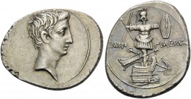 Octavian. Denarius (Silver, 20 mm, 3.86 g, 3 h), Rome?, autumn 30 - summer 29 BC. Bare head of Octavian to right. Rev. IMP - CAESAR Trophy on prow. BM...