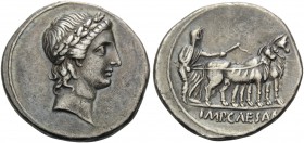 Octavian. Denarius (Silver, 18 mm, 3.81 g, 6 h), Rome?, autumn 30 - summer 29 BC. Laureate head of Apollo of Actium to right. Rev. IMP CAESAR Octavian...