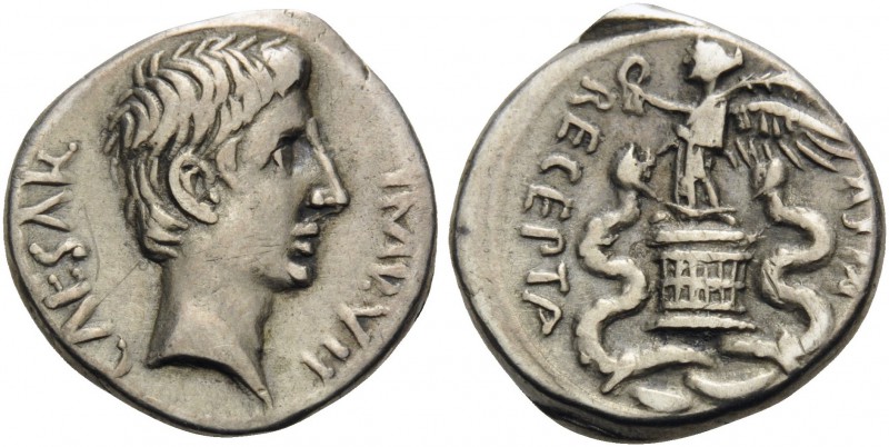 Octavian. Quinarius (Silver, 14 mm, 1.92 g, 12 h), uncertain Italian mint, or po...