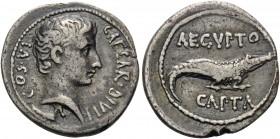 Octavian. Denarius (Silver, 19 mm, 3.35 g, 7 h), uncertain eastern mint, Pergamon?, 28-27 BC. CAESAR DIVI F - COS VI Bare head of Octavian to right; b...