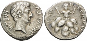 Augustus, 27 BC-AD 14. Denarius (Silver, 18 mm, 3.46 g, 9 h), under the moneyer P. Petronius Turpilianus, Rome, 19 BC. CAESAR AVGVSTVS Bare head of Au...