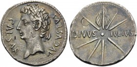 Augustus, 27 BC-AD 14. Denarius (Silver, 20 mm, 3.67 g, 6 h), Spanish mint (Colonia Caesaraugusta?), 19-18 BC. AVGVSTVS CAESAR Oak-wreathed head of Au...