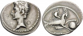 Augustus, 27 BC-AD 14. Denarius (Silver, 20 mm, 3.83 g, 7 h), from an uncertain Spanish mint, 16 BC or earlier. Bare head of Augustus to left. Rev. AV...