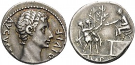 Augustus, 27 BC-AD 14. Denarius (Silver, 17 mm, 3.97 g, 8 h), Lugdunum, 15-13 BC. DIVI.F AVGVSTVS Bare head of Augustus to right. Rev. IMP X Drusus an...