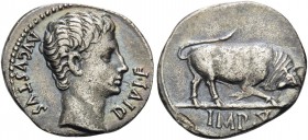 Augustus, 27 BC-AD 14. Denarius (Silver, 18 mm, 3.67 g, 7 h), Lugdunum, 15-13 BC. DIVI.F AVGVSTVS Bare head of Augustus to right. Rev. IMP.X Bull butt...