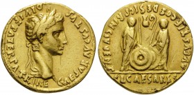 Augustus, 27 BC-AD 14. Aureus (Gold, 19 mm, 7.99 g, 2 h), Lugdunum, 2 BC-AD 4. CAESAR AVGVSTVS DIVI F PATER PATRIAE Laureate head of Augustus to right...