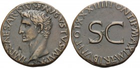 Augustus, 27 BC-AD 14. As (Copper, 27 mm, 10.64 g, 7 h), Rome, 11-12. IMP CAESAR DIVI F AVGVSTVS IMP XX Bare head of Augustus to left. Rev. PONTIF MAX...