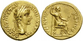 Tiberius, 14-37. Aureus (Gold, 19 mm, 7.87 g, 8 h), "Tribute Penny" type, Lugdunum, 18-35. TI CΛESΛR DIVI ΛVG F ΛVGVSTVS Laureate head of Tiberius to ...
