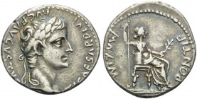 Tiberius, 14-37. Denarius (Silver, 18 mm, 3.73 g, 2 h), "Tribute Penny" type, Lungdunum. TI CAESAR DIVI AVG F AVGVSTVS Laureate head of Tiberius to ri...