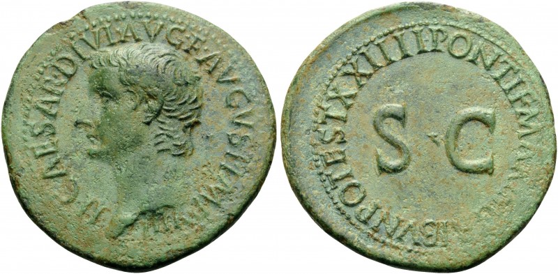 Tiberius, 14-37. As (Copper, 31 mm, 10.12 g, 1 h), Rome, 21-22. TI CAESAR DIVI A...