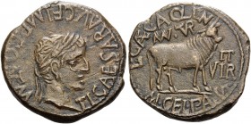SPAIN. Turiaso . Tiberius, 14-37. As (Copper, 29 mm, 14.46 g, 10 h), L. Caecilius Aquin. & M. Gels Palud, duoviri. TI CAESAR AVG F IMP PONT M Laureate...