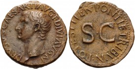 Drusus, died 23. As (Copper, 27 mm, 9.97 g, 1 h), struck under Tiberius, Rome, 22-23. DRVSVS CAESAR TI AVG F DIVI AVG N Bare head of Drusus to left. R...