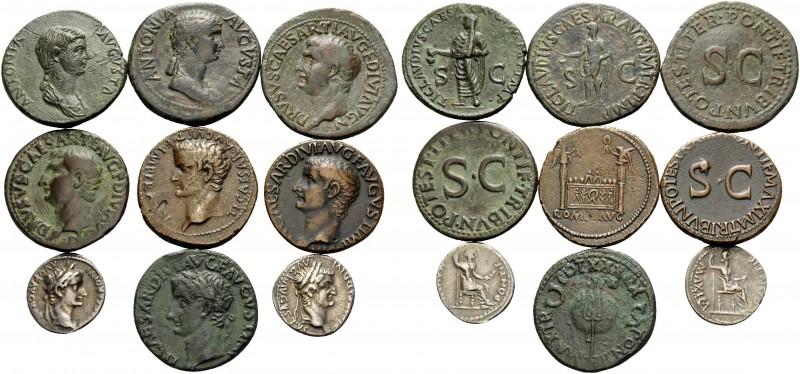 Tiberius, Drusus and Antonia. Lot of 2 Silver Denarii and 7 Copper Asses. 1 . Ti...