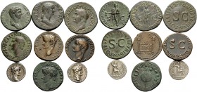 Tiberius, Drusus and Antonia. Lot of 2 Silver Denarii and 7 Copper Asses. 1 . Tiberius. Denarius (tribute penny), 17 mm, 3.60 g, 4h. RIC 30. 2 . Tiber...