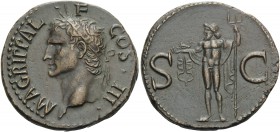 Agrippa, died AD 12. As (Copper, 29 mm, 12.35 g, 5 h), struck under Caligula, Rome, 37-41. M AGRIPPA L F COS III Head of Agrippa to left, wearing rost...