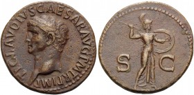 Claudius, 41-54. As (Copper, 29 mm, 11.97 g, 6 h), Rome, 41-42. TI CLAVDIVS CAESAR AVG P M TR P IMP Bare head of Claudius to left. Rev. S C Minerva ad...