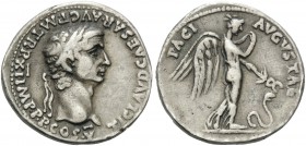 Claudius, 41-54. Denarius (Silver, 19 mm, 3.81 g, 4 h), Rome, 51-52. TI CLAVD CAESAR AVG P M TR P XI IMP P P COS V Laureate head of Claudius to right....