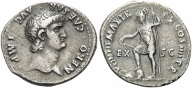 Nero, 54-68. Denarius (Silver, 20 mm, 3.46 g, 4 h), Rome, 63-64. NERO CAESAR AVG IMP Bare head of Nero to right. Rev. PONTIF MAXIM P X COS IIII PP Vir...