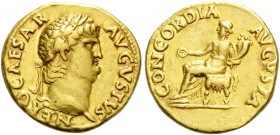 Nero, 54-68. Aureus (Gold, 19 mm, 7.30 g, 9 h), Rome, 64-65. NERO CAESAR AVGVSTVS Laureate head of Nero to right. Rev. CONCORDIA AVGVSTA Concordia sea...