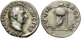 Vitellius, 69. Denarius (Silver, 19 mm, 3.33 g, 5 h), Rome, April - December 69. A VITELLIVS GERM IMP TR P Laureate head of Vitellius to right. Rev. X...