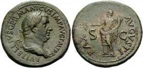 Vitellius, 69. Sestertius (Orichalcum, 35 mm, 26.32 g, 6 h), Rome. A VITELLIVS GERMANICVS IMP AVG P M TR P Laureate and draped bust of Vitellius to ri...