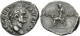 Vespasian, 69-79. Denarius (Silver, 17 mm, 3.40 g, 6 h), Rome, July-December 71. IMP CAES VESP AVG P M Laureate head of Vespasian to right. Rev. PON -...