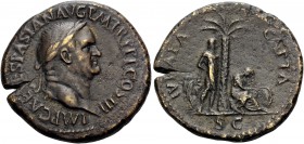 Vespasian, 69-79. Sestertius (Orichalcum, 35 mm, 25.38 g, 7 h), Rome, 71. IMP CAES VESPASIAN AVG P M TR P P P COS III Laureate head of Vespasian to ri...