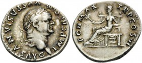 Vespasian, 69-79. Denarius (Silver, 19 mm, 3.35 g, 7 h), Rome, 75. IMP CAESAR VESPASIANVS AVG Laureate head of Vespasian to right. Rev. PON MAX TR P C...