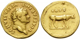 Titus, as Caesar, 69-79. Aureus (Gold, 19 mm, 7.02 g, 6 h), struck under Vespasian, Rome, 76. T CAESAR IMP VESPASIANVS Laureate head of Titus to right...