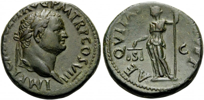 Titus, 79-81. As (Copper, 26 mm, 11.46 g, 7 h), Rome, 214. IMP T CAES VESP AVG P...