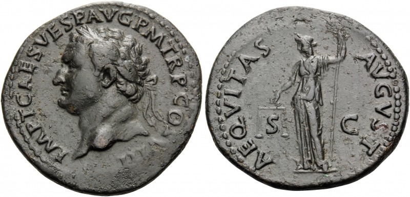 Titus, 79-81. As (Copper, 30 mm, 10.02 g, 7 h), Rome, 80-81. IMP T CAES VESP AVG...