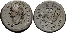 Domitian, as Caesar, 69-81. Dupondius (Orichalcum, 29 mm, 11.99 g, 7 h), struck under Vespasian, Rome, for use in the Asian provinces, 73. CAESAR AVGV...
