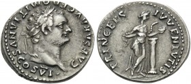 Domitian, as Caesar, 69-81. Denarius (Silver, 19 mm, 3.54 g, 6 h), struck under Vespasian, Rome, 79. CAESAR AVG F DOMITIANVS COS VI Laureate head of D...